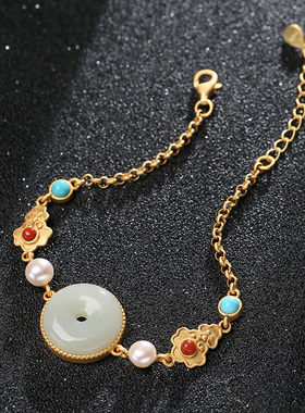 和田玉小平安扣手链925纯银镀金