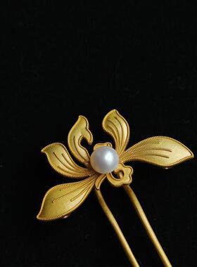 女款金兰花U形镀金发簪