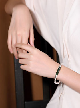 手镯开口实心女镀银镶天然玉石镯子工艺古风民族风高级感饰品礼物