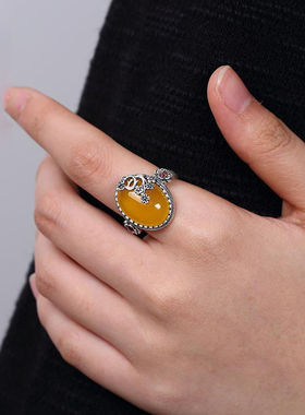 铜镀银活口指环镶嵌红玉黄玉髓复古梅花女款民族风高档百搭戒指