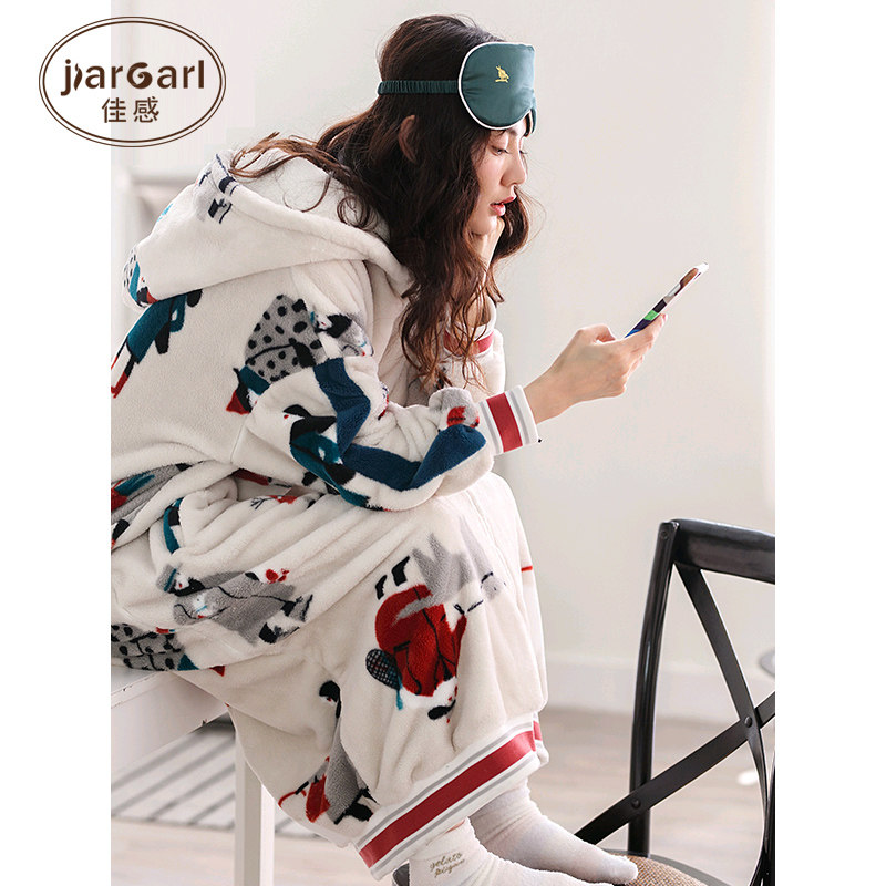 秋冬加长款珊瑚绒连体200斤睡袍 jiargarl佳感睡衣/家居服套装