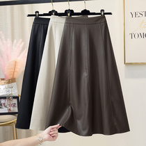 High level sense PU leather dress lady autumn winter a word half body dress Herbentresses Skirt Mid length black dresses