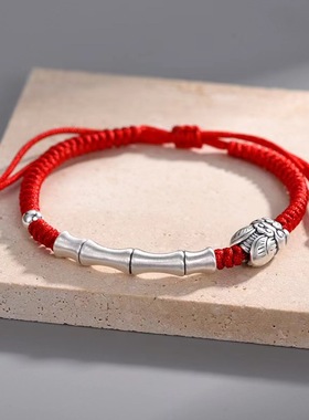 男女999纯银民族风竹节红绳手链