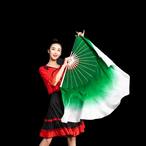 Настоящий шелковый танец вентилятор Plaza Yangge Двойной длинный цвет градиент цвет классический китайский классический китайский фанат Mo Green Dance Fan