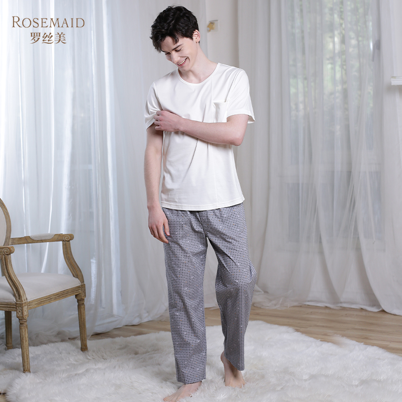 罗丝美春夏新款100%纯棉直贡印花前门襟松紧腰男士休闲长裤63012 - 图0