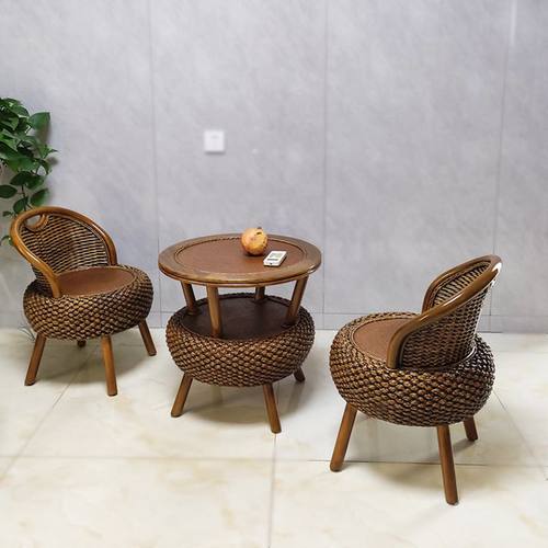 复古色小藤椅阳台客厅圆桌组合休闲座椅换鞋凳藤编新款靠背椅矮凳 - 图3