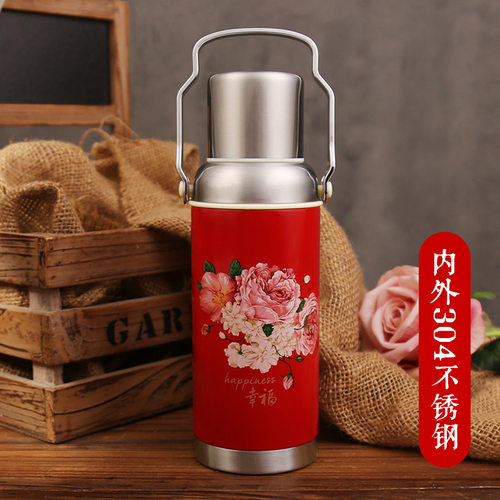 复古国民幸福保温杯大容量怀旧文艺花朵便携提手不锈钢真空保温壶 - 图2