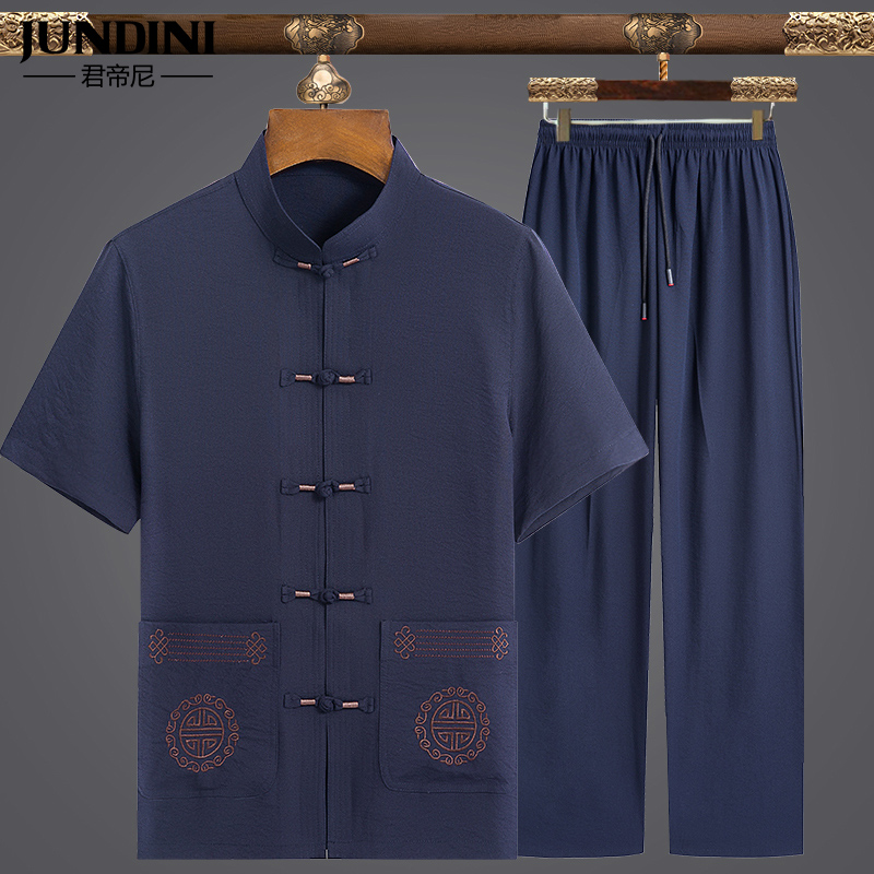 中老年唐装男短袖套装中式棉麻装夏 君帝尼唐装