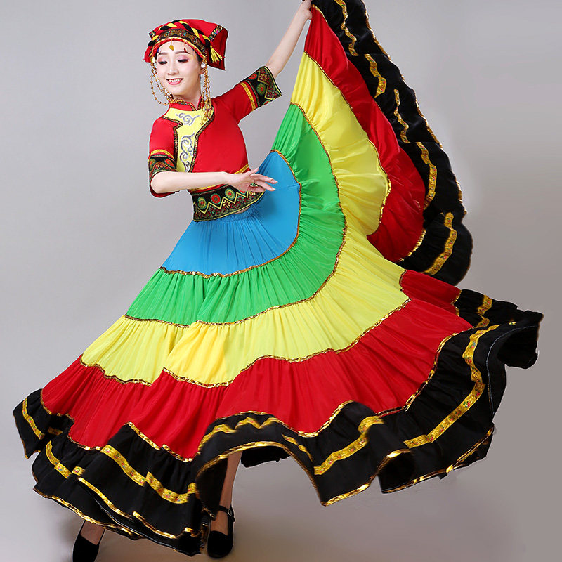 彝族七月火把节七彩大摆裙舞蹈舞裙 莎朵韵民族服装/舞台装