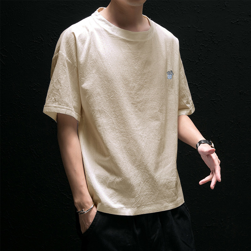 亚麻短袖t恤男潮牌潮流棉麻布衣服夏季薄款宽松半袖体恤刺绣丅恤_虎窝淘