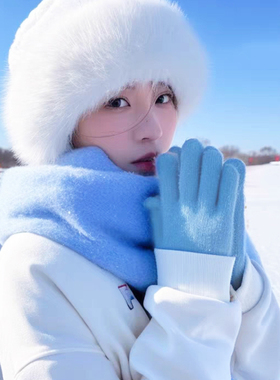 针织毛线浅蓝色手套女2025新款