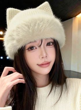秋冬女款猫耳加绒加厚针织毛线帽