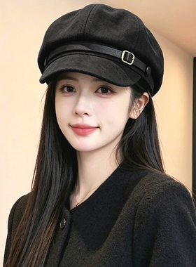 秋冬麂皮绒保暖显脸小八角帽女