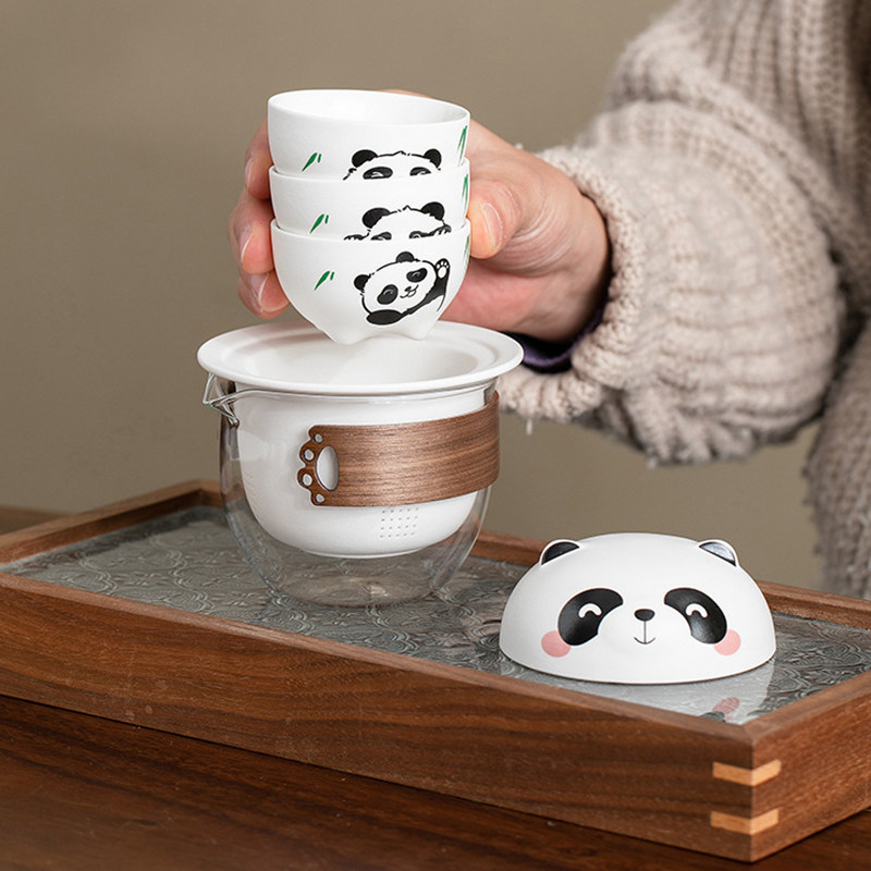 Panda Travel Tea Set One Pot Three Cups Quick Cup