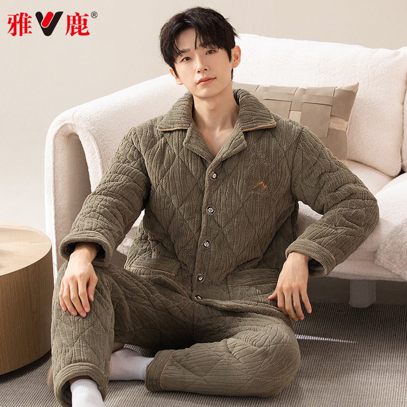 雅鹿珊瑚绒夹棉睡衣男士冬季三层加厚加绒2025年新款家居服秋冬天,淘宝优惠券,粉丝福利购,淘宝优惠卷