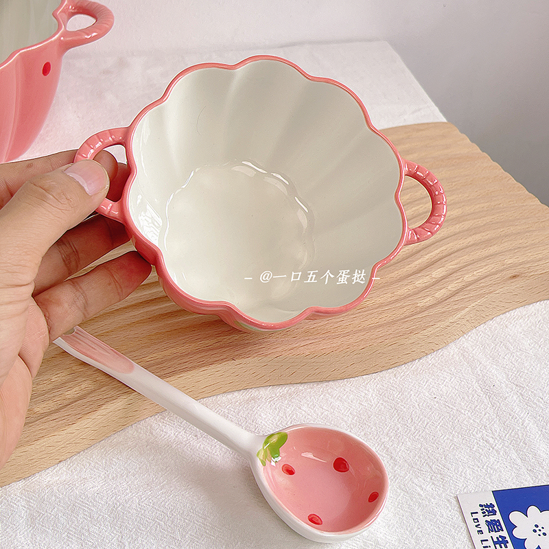草莓陶瓷碗可爱饭碗甜品碗早餐燕麦碗少女心学生宿舍用水果沙拉碗-图2