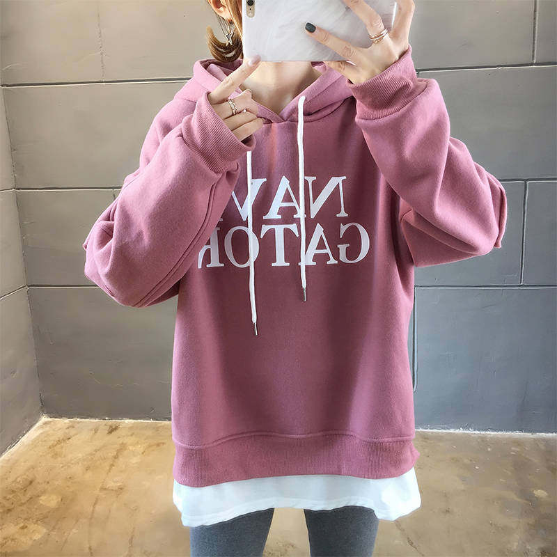 假两件韩版潮宽松字母印花加绒卫衣 互季卫衣/绒衫