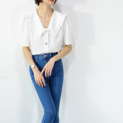 TRR 精致纽扣 花边娃娃领大翻领短袖白衬衫 夏温柔气质上衣女减龄 - 图0