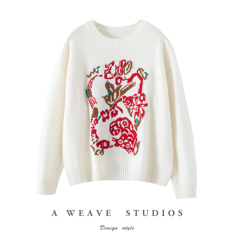 新年红100%羊毛衫女圆领五福临门提花软糯毛衣宽松洋气羊绒衫打底,淘宝优惠券,粉丝福利购,淘宝优惠卷