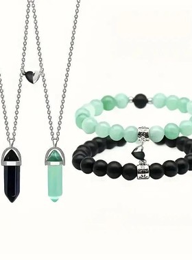 亚马逊爆款饰品套装4件套天然石情侣爱心磁铁相吸手链六角柱项链