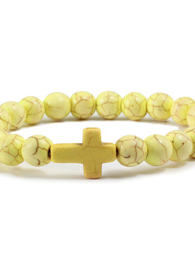 跨境黑色饰品松石手链十字架手串磨砂火山石手圈弹力瑜伽手环