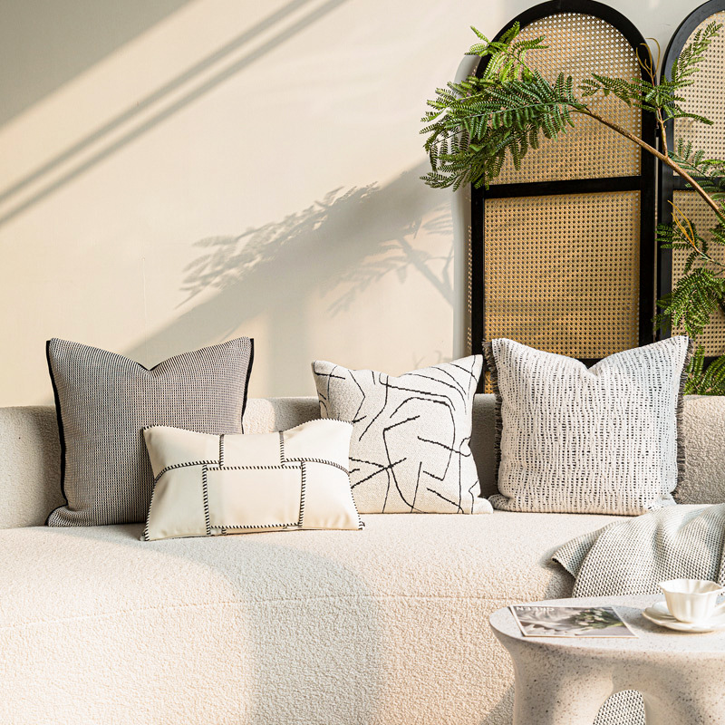 现代侘寂棉麻黑白抱枕中古客厅沙发靠枕样板房卧室靠垫软装靠包 - 图0