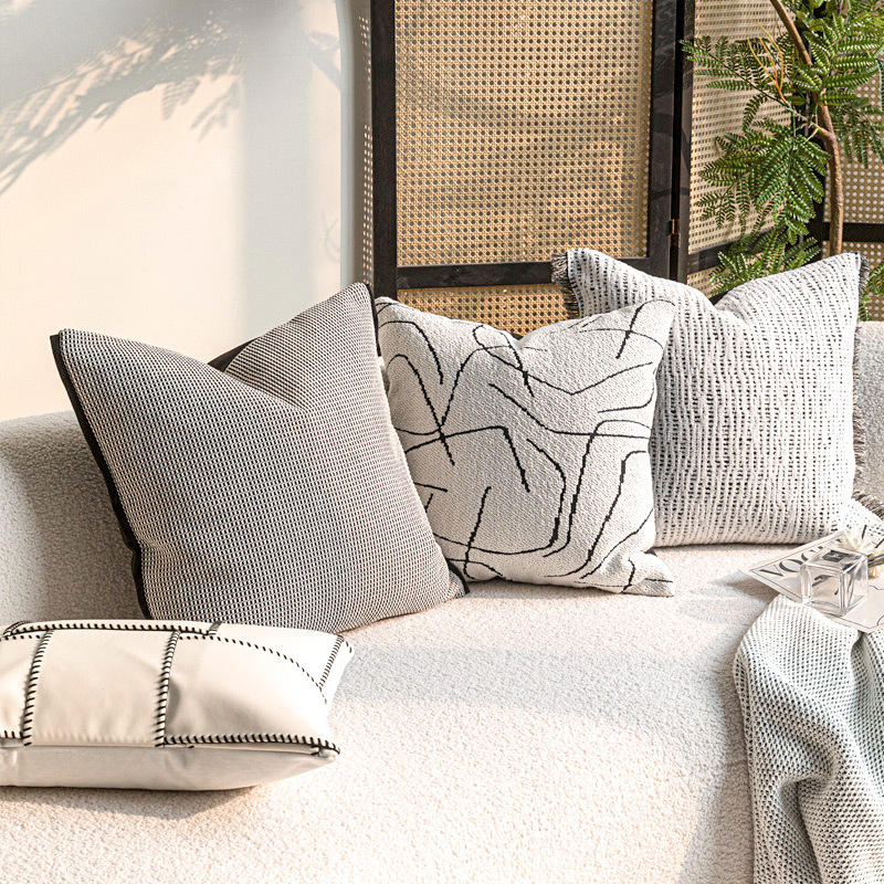 现代侘寂棉麻黑白抱枕中古客厅沙发靠枕样板房卧室靠垫软装靠包 - 图1