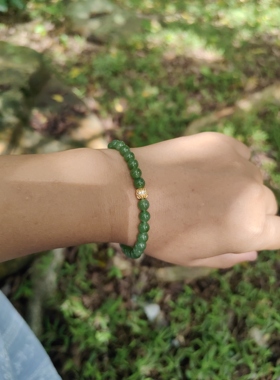 天然和田碧玉手串女款s925银镀18k转运珠6mm圆珠手链古风款苹果绿