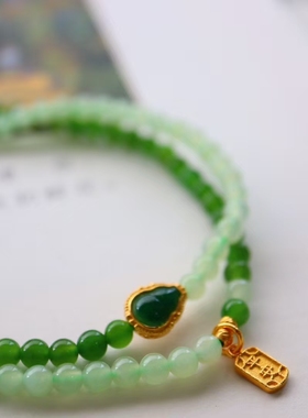 天然和田玉晴水手串碧玉首饰菠菜绿4mmDlY手链配925银项链小米珠
