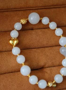 天然和田玉白玉手串8mmDlY天然翡翠手链配925银佩珠男女款首饰