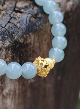 天然蓝翡翠手串6mm珠子配葫芦s925银配饰玉石串珠手链转运珠古风