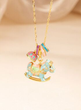 s925纯银珐琅彩马卡龙色摇摇欢乐木马项链女2026年马年生肖送礼物