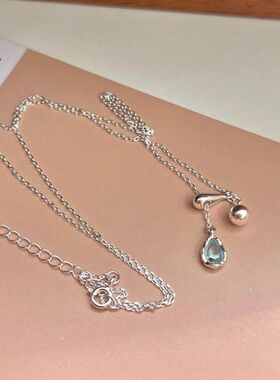 S925纯银蓝色水滴项链女可调节锁骨链ins轻奢网红博主款银饰项链