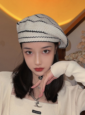 网红初秋早春画家大头围毛线帽子