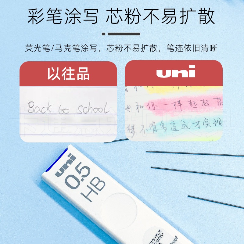 日本UNI三菱自动铅笔芯防蹭脏0.5/2B/HB专用进口自动铅替芯不断芯-图1