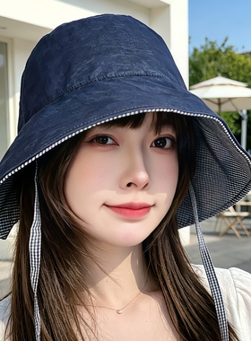 渔夫帽女秋季新款格纹防晒遮阳帽