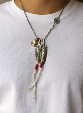 银珠铜币双羽毛套装项链