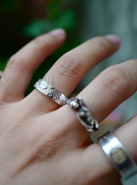 飘逸满唐草复古银戒指