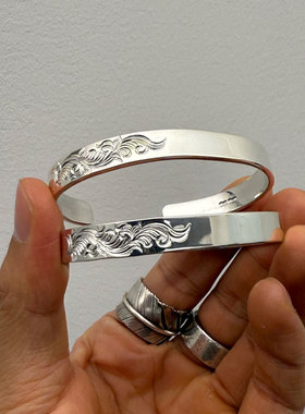 Dear Blossom 耐看百搭 日本手打招牌飘逸唐草平打925银复古手镯