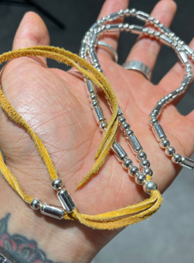 手打925满银珠鹿皮绳复古项链