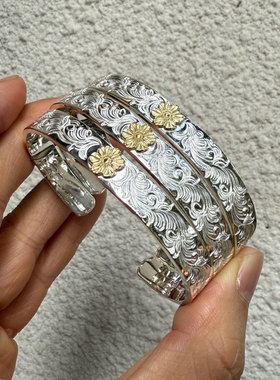 18K金窄版蔷薇花唐草银手镯