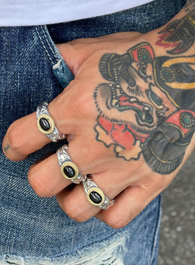 黑玛瑙3D立体高肉唐草复古银戒指