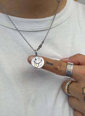 NORTH WORKS 日本手作古董银币铜币改造吐舌星星眼笑脸项链