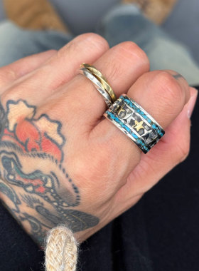 Mt.Hill日产手造18K金银相间五星印第安图腾天然松石粉末镶嵌戒指