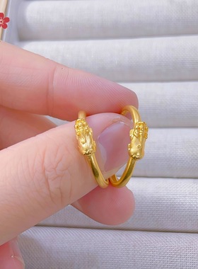 越南沙金男女款貔貅戒指 黄铜镀金貔貅食指戒复古小众设计感手饰