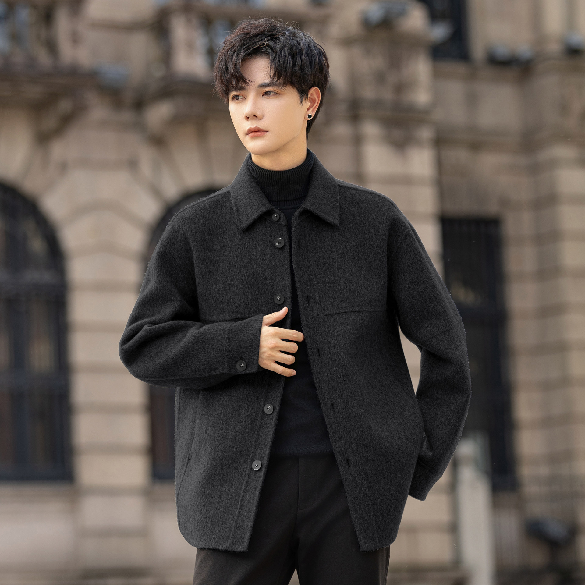 高端羊毛呢子外套男士翻领夹克2025新款秋冬短款双面绒大衣高级感,淘宝优惠券,粉丝福利购,淘宝优惠卷
