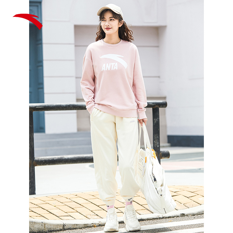 安踏官方网店安踏运动卫衣女装2022春季新款圆领套头休闲服无帽上衣粉蓝绿紫春3