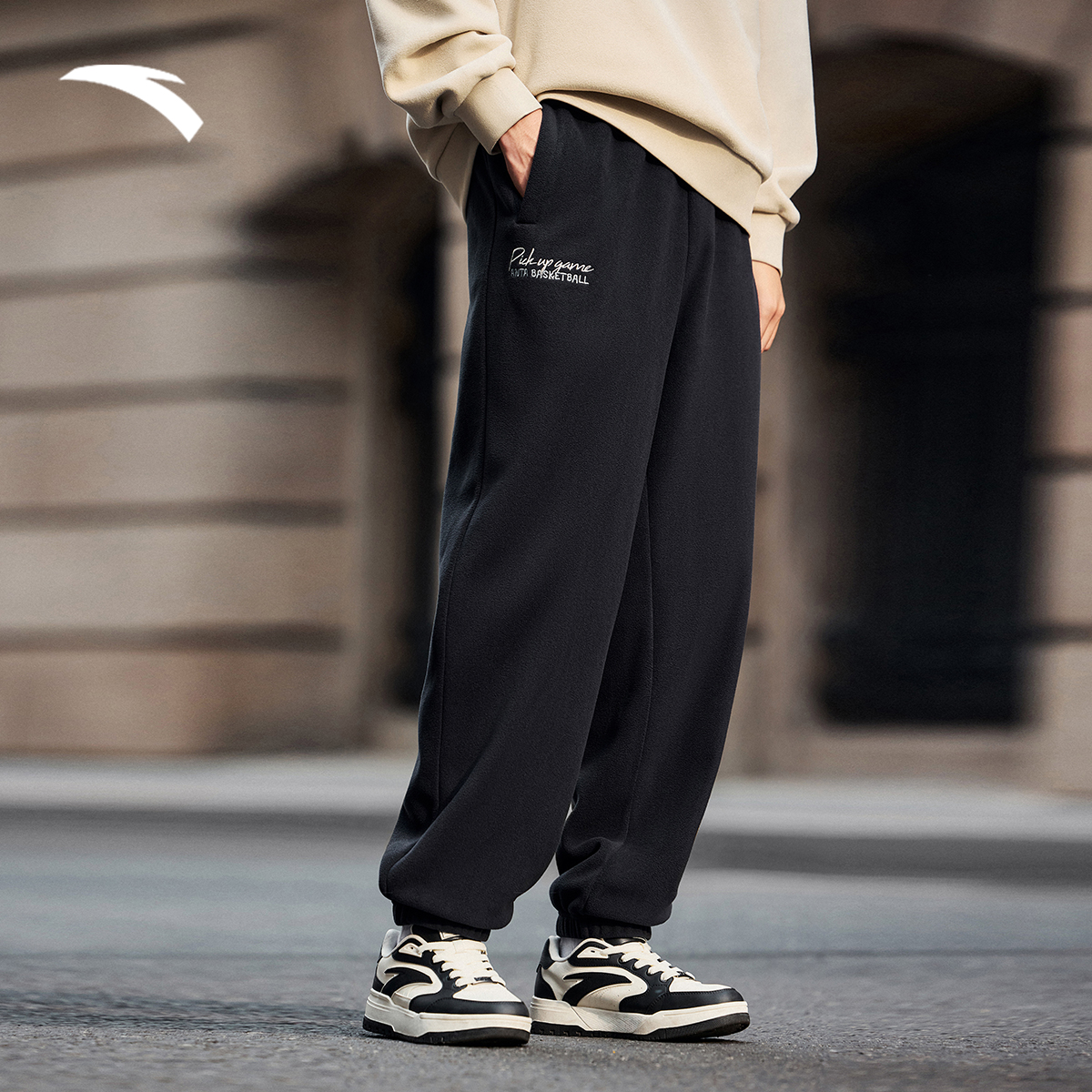 安踏摇粒绒长裤男士冬季新款加绒保暖针织休闲运动裤宽松束脚卫裤 - 图0