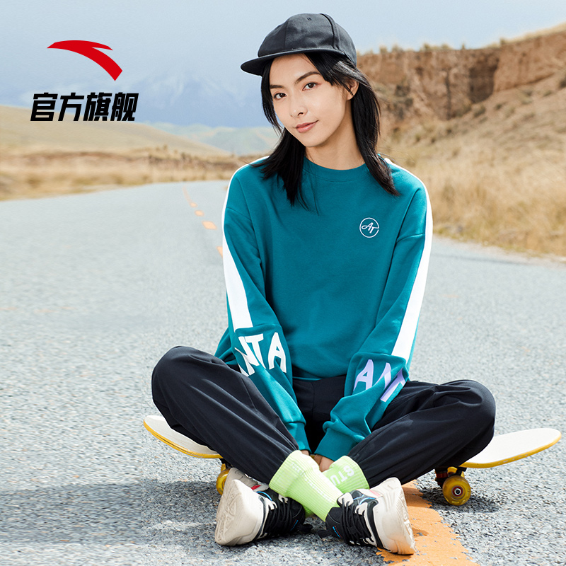 安踏官方网店安踏官网秋冬新款运动卫衣女士圆领套头宽韩版松休闲撞色上衣1