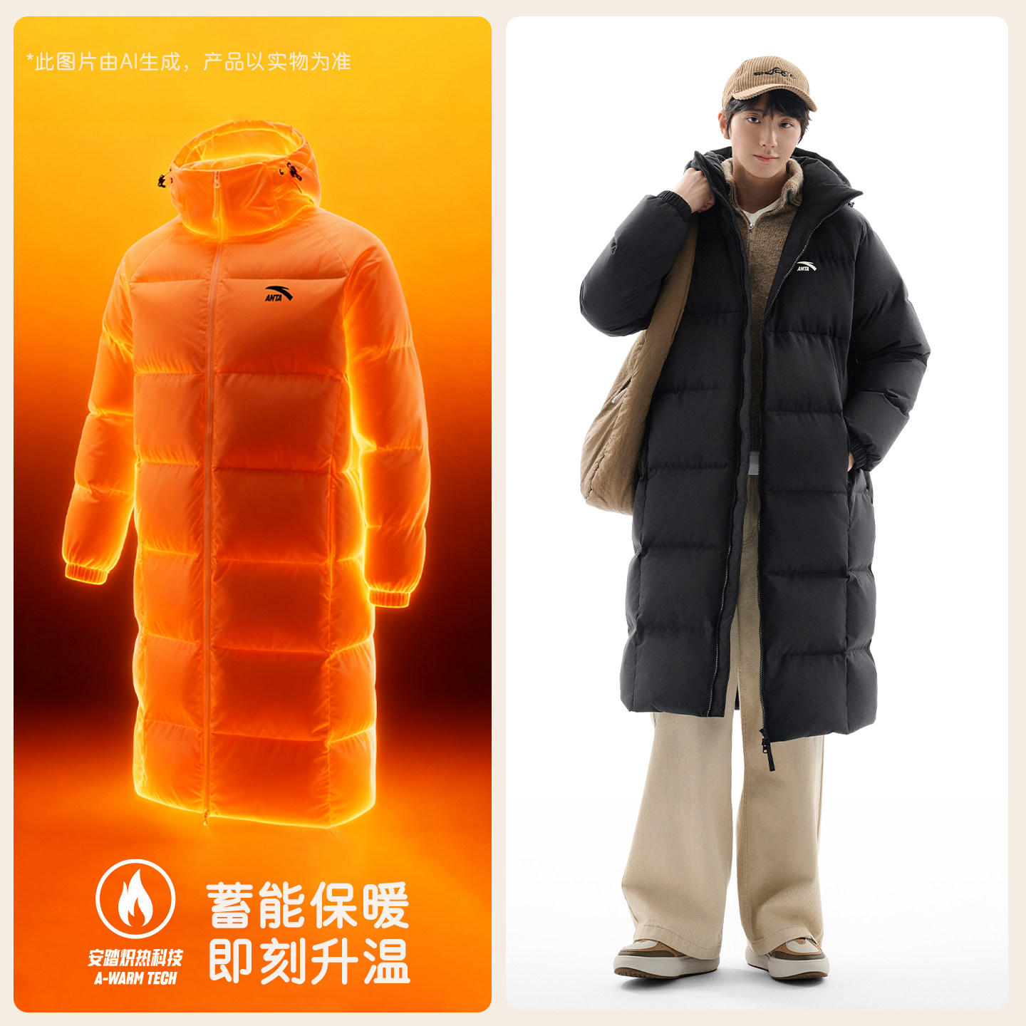 安踏面包羽绒丨过膝长款羽绒服男装冬季新款鸭绒保暖棉服运动外套,淘宝优惠券,粉丝福利购,淘宝优惠卷